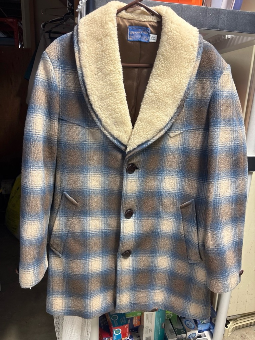 Pendleton Blue, Brown & Cream Plaid Wool Pea Coat with Sherpa Collar